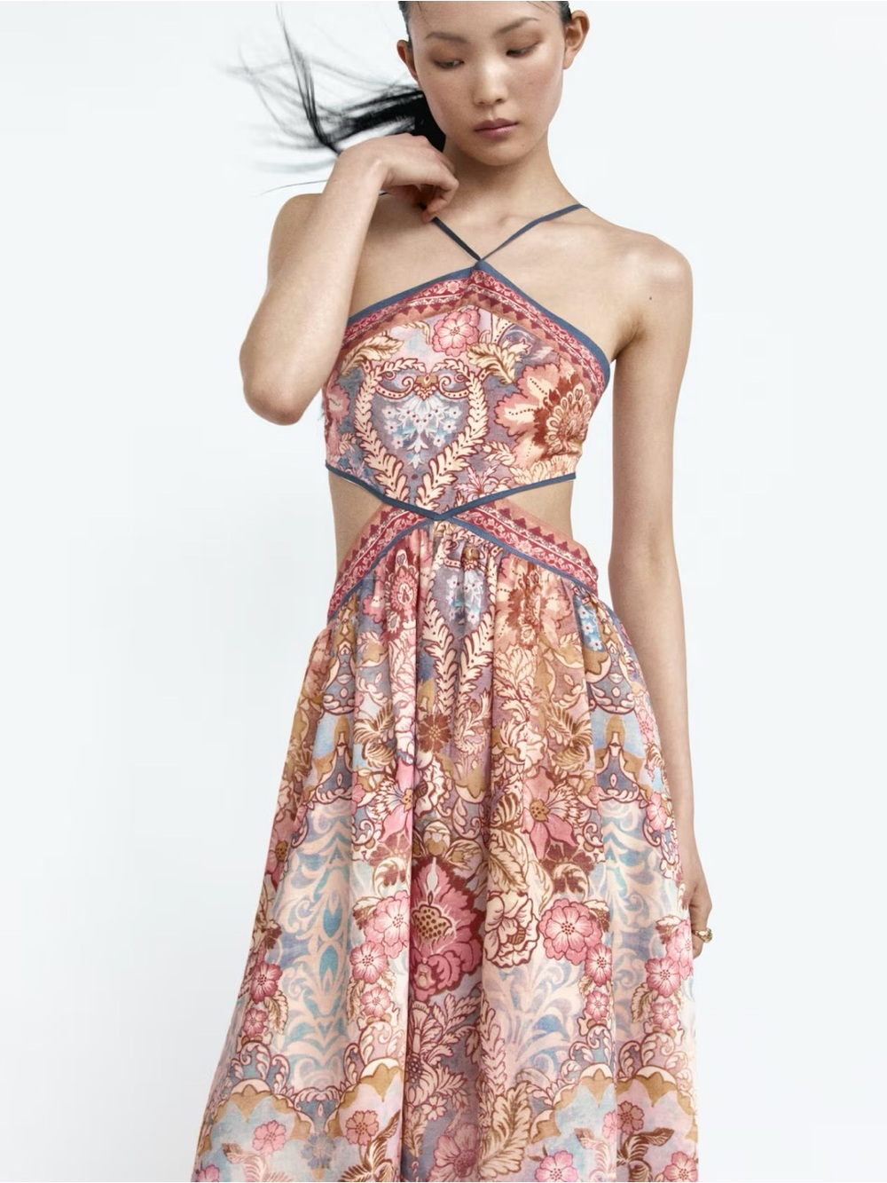 H&M NWT LIGHT ORANGE PAISLEY CUTOUT HALTERNECK DRESS - Picture 9 of 12